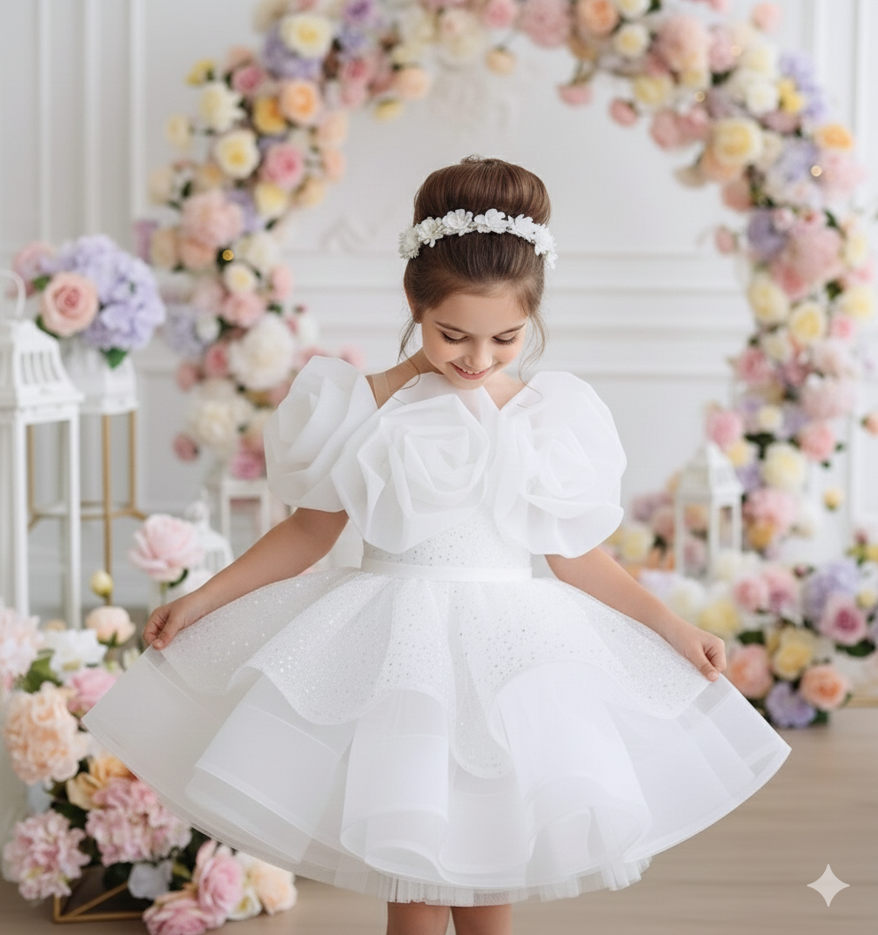 Dakota Elegant White Gown – Intricate Pearl &amp; Sequin Embroidery with Handcrafted Floral Accents