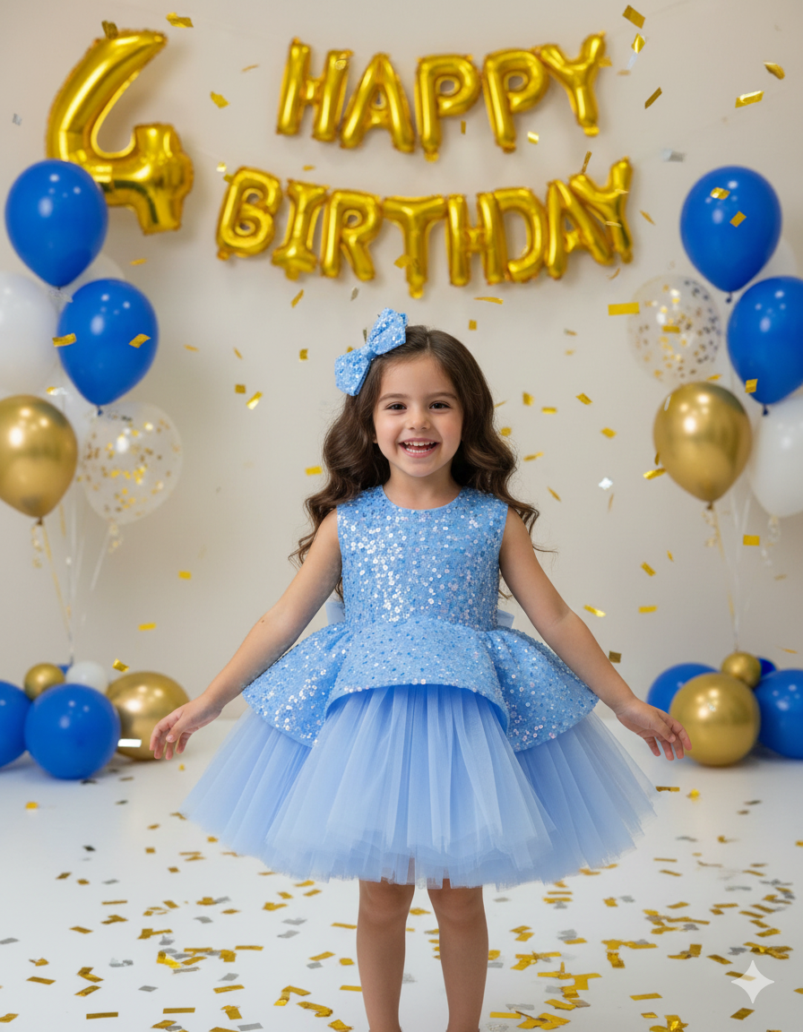 Candy Elegant Blue Lace Dress for Girls – Pearl, Sequin, and Tulle Ruffle Details