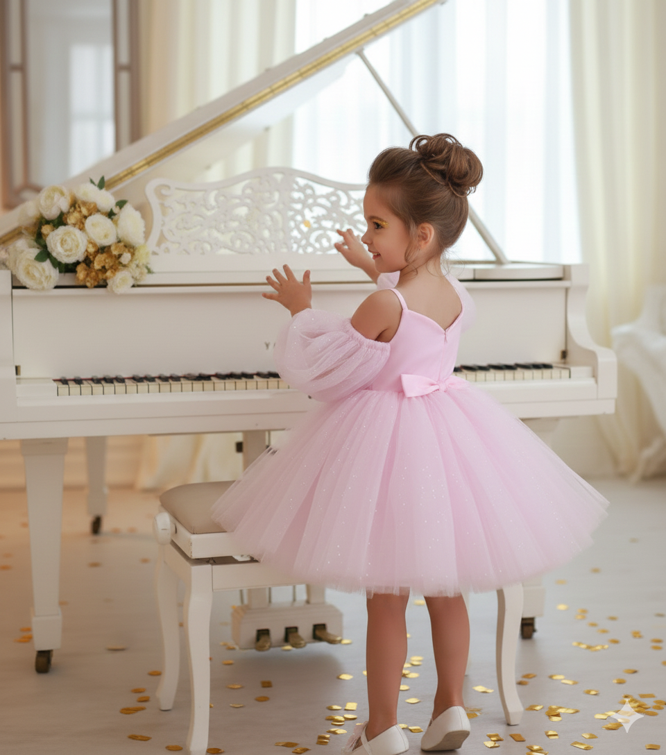 Eloise Elegant Pink Gown – Shimmering Glitter Tulle with Dramatic Puffy Sleeves