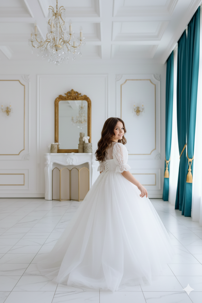 Tiana Elegant White Maxi Gown – Exquisite Chantilly Lace and Voluminous Layered Tulle