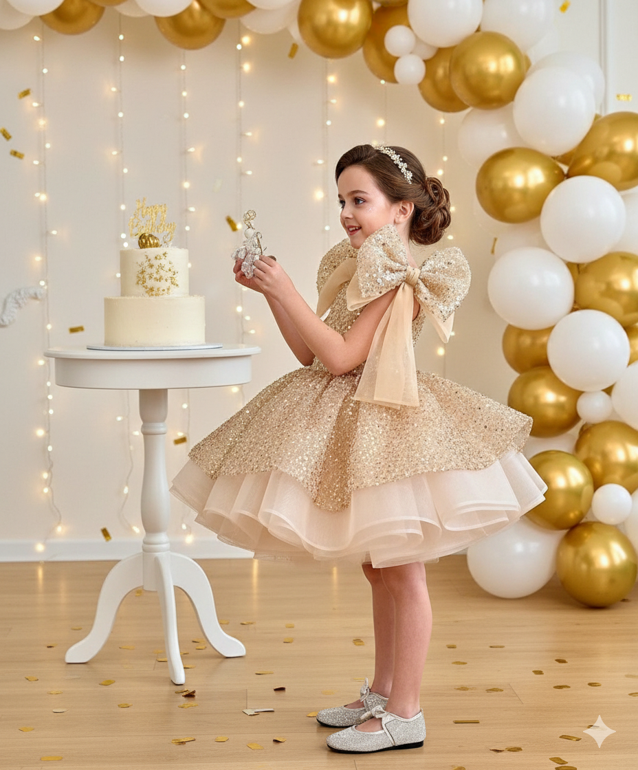 Miriam Elegant Golden Lace Dress for Girls – Pearl & Sequin Embroidery with Statement Shoulder Bows