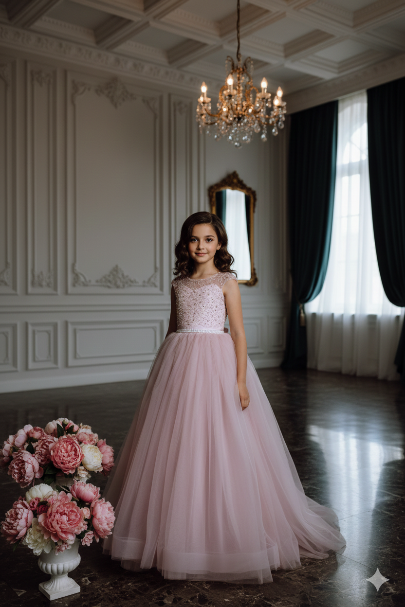 Polina Elegant Pink Maxi Gown – Pearl &amp; Sequin Embroidered Lace with Voluminous Tulle Skirt