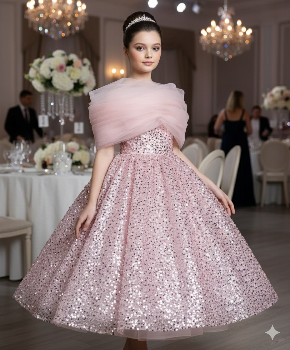 Iris Elegant Pink Midi Gown – Pearl &amp; Sequin Embroidered Lace with Statement Tulle Shawl