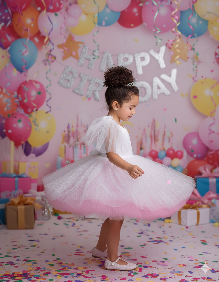 Jenna Elegant Pink &amp; Glitter Gown – Shimmering White Glitter Tulle with Pink Accents and Shoulder Bows