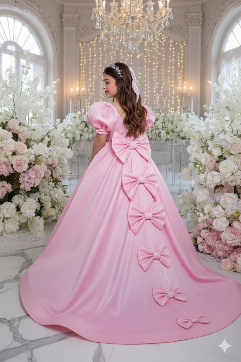 Adelaida Elegant Pink Long Gown with Train – Taffeta and Voluminous Tulle with Signature Bows
