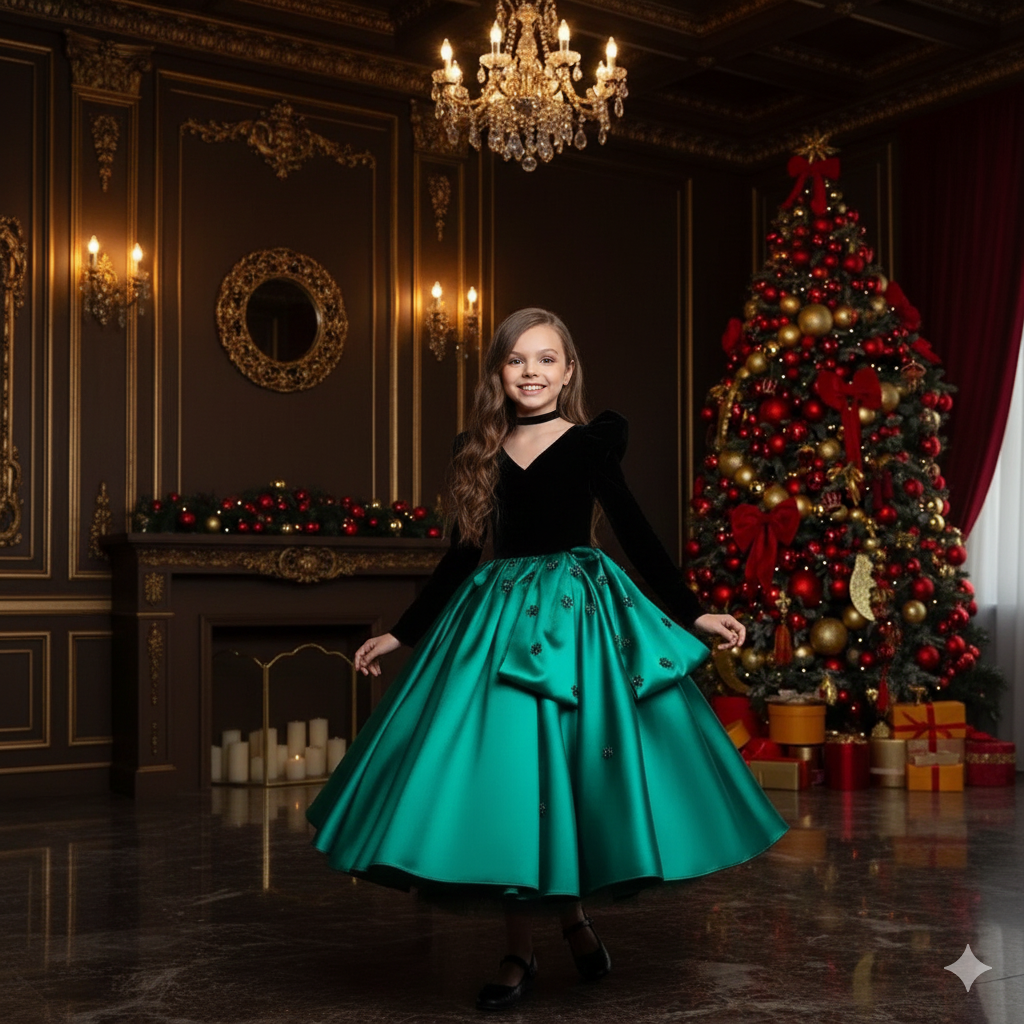 Zendaya Elegant Green Gown – Black Velvet Bodice and Taffeta Skirt with Statement Bow