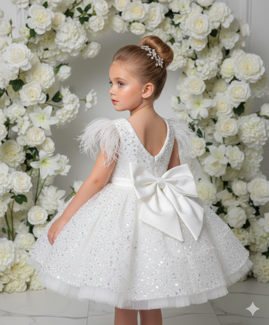 Nicole Elegant White Lace Dress for Girls – Pearl &amp; Sequin Embroidery with Natural Feather Accentsle