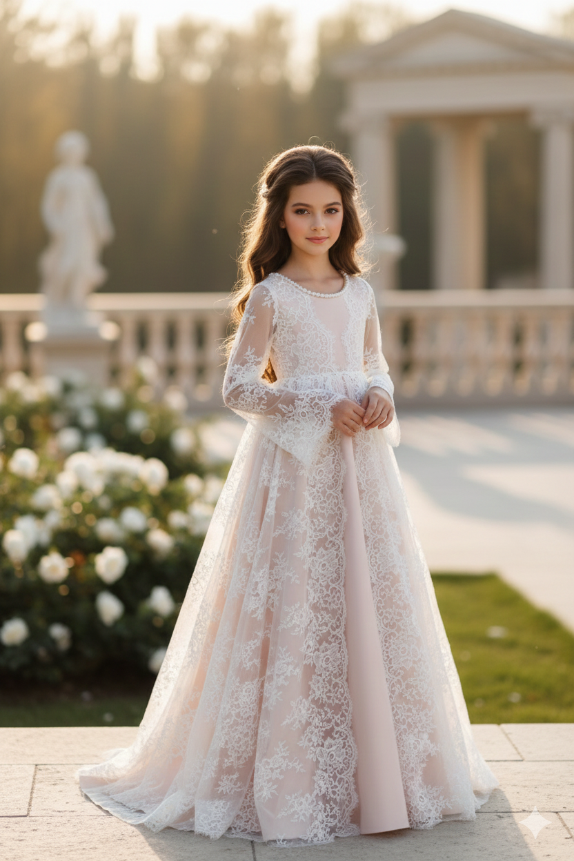 Serena Long Elegant Gown for Girls – Nude Taffeta and White Chantilly Lace