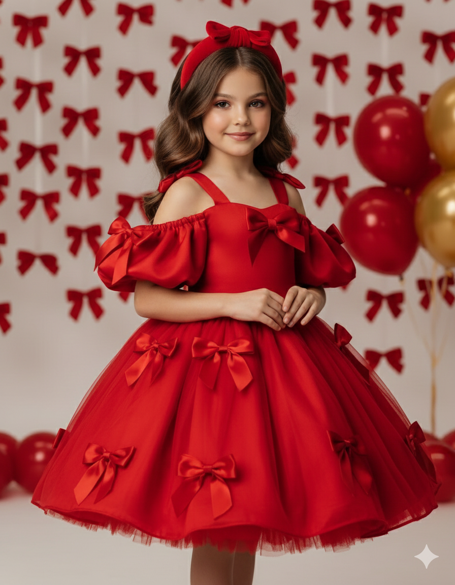 Berta Elegant Red Gown for Girls – Premium Crimson Taffeta with Matching Bow Accents