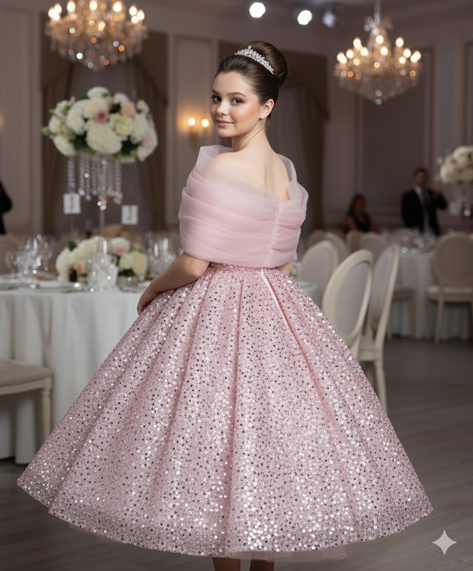 Iris Elegant Pink Midi Gown – Pearl &amp; Sequin Embroidered Lace with Statement Tulle Shawl