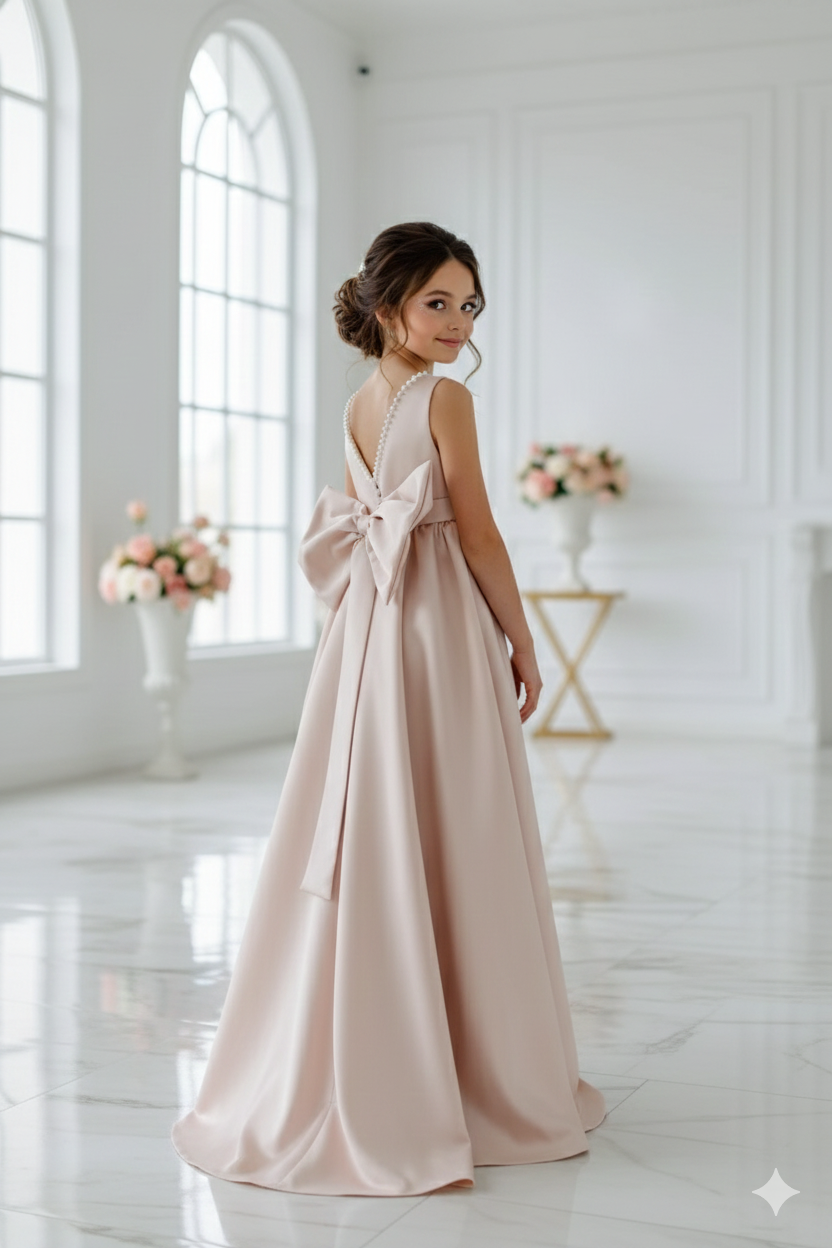 Olivia Elegant Long Taffeta Gown for Girls – Pearl Accents and Statement Bow