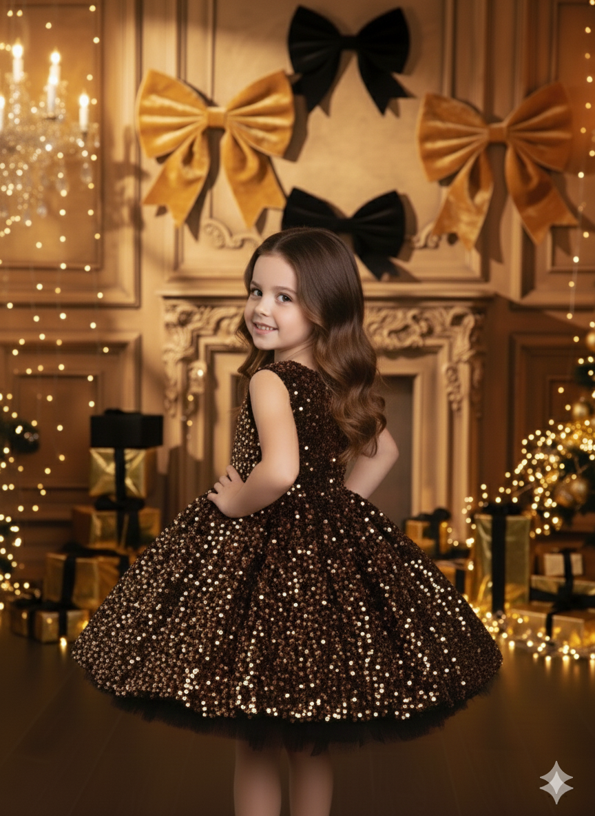Millie Elegant Gold &amp; Black Sequin Gown – Luxurious Velvet Base with Signature Velvet Bow