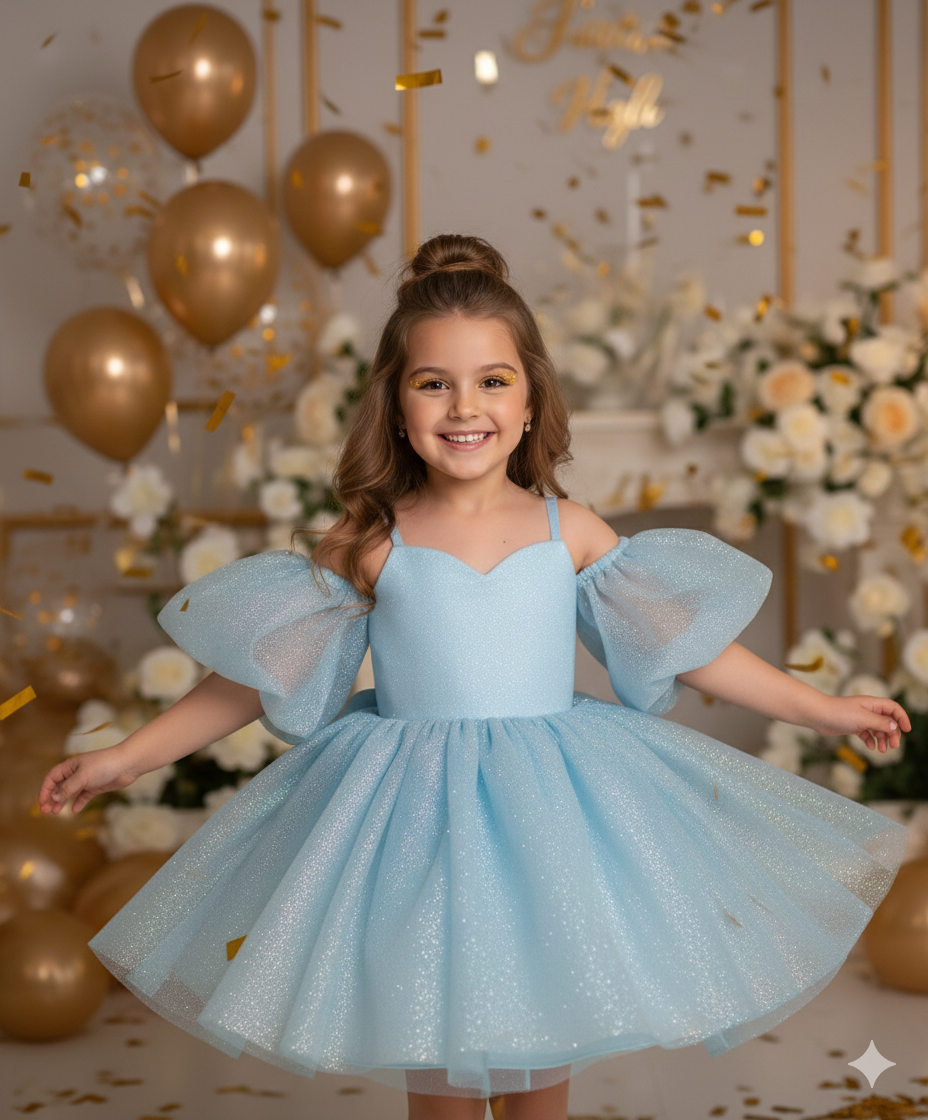 Eloise Elegant Sky Blue Gown – Shimmering Glitter Tulle with Dramatic Puffy Sleeves