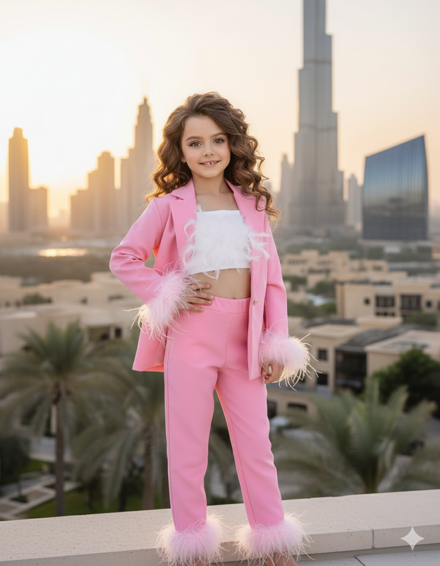 Belinda Elegant Pink Suit for Girls – Blazer &amp; Trousers with Natural Fur and Feather Accents