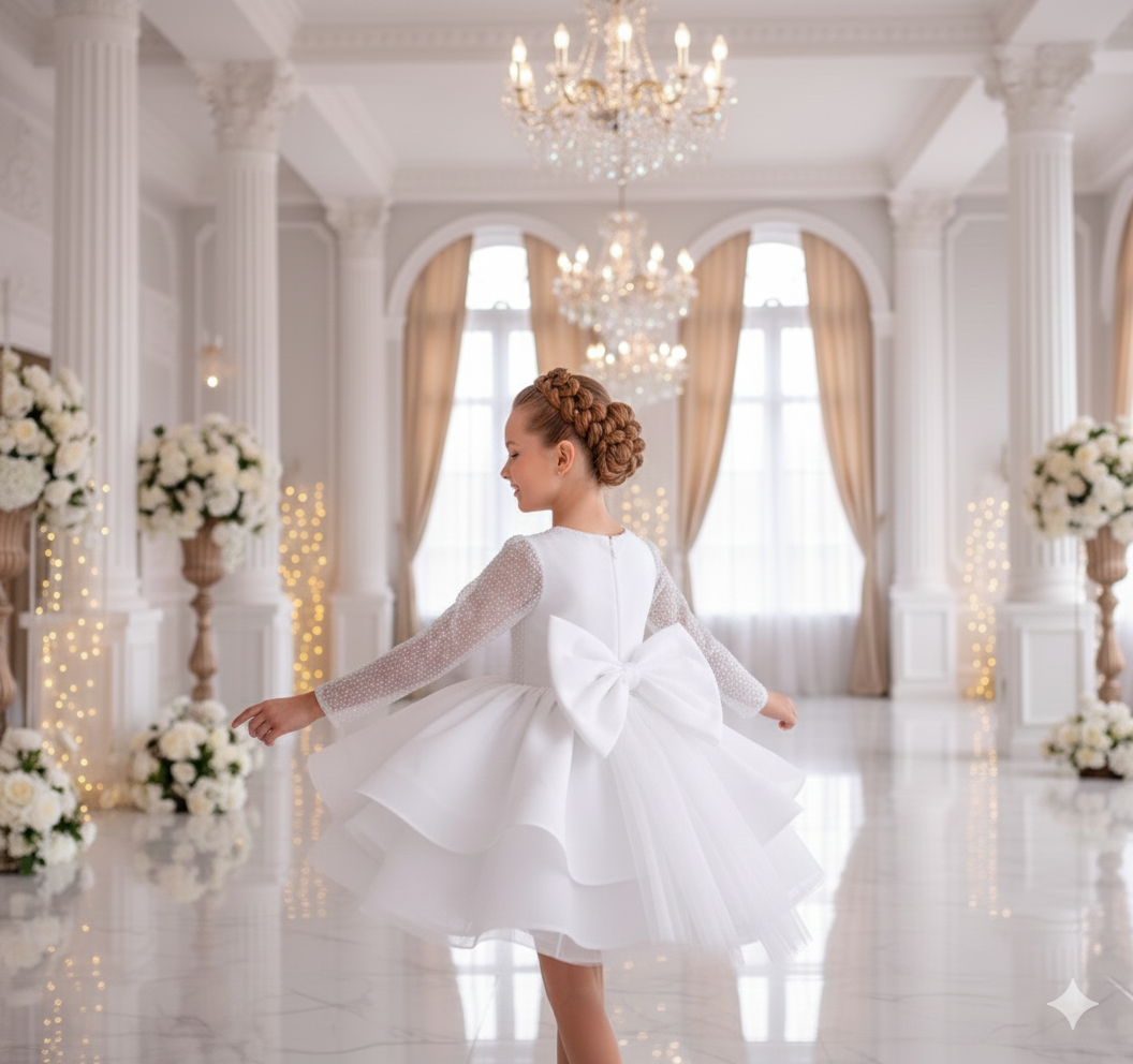 Esther Elegant White Long-Sleeved Gown – Pearl &amp; Sequin Embroidered Lace with Taffeta and Tulle