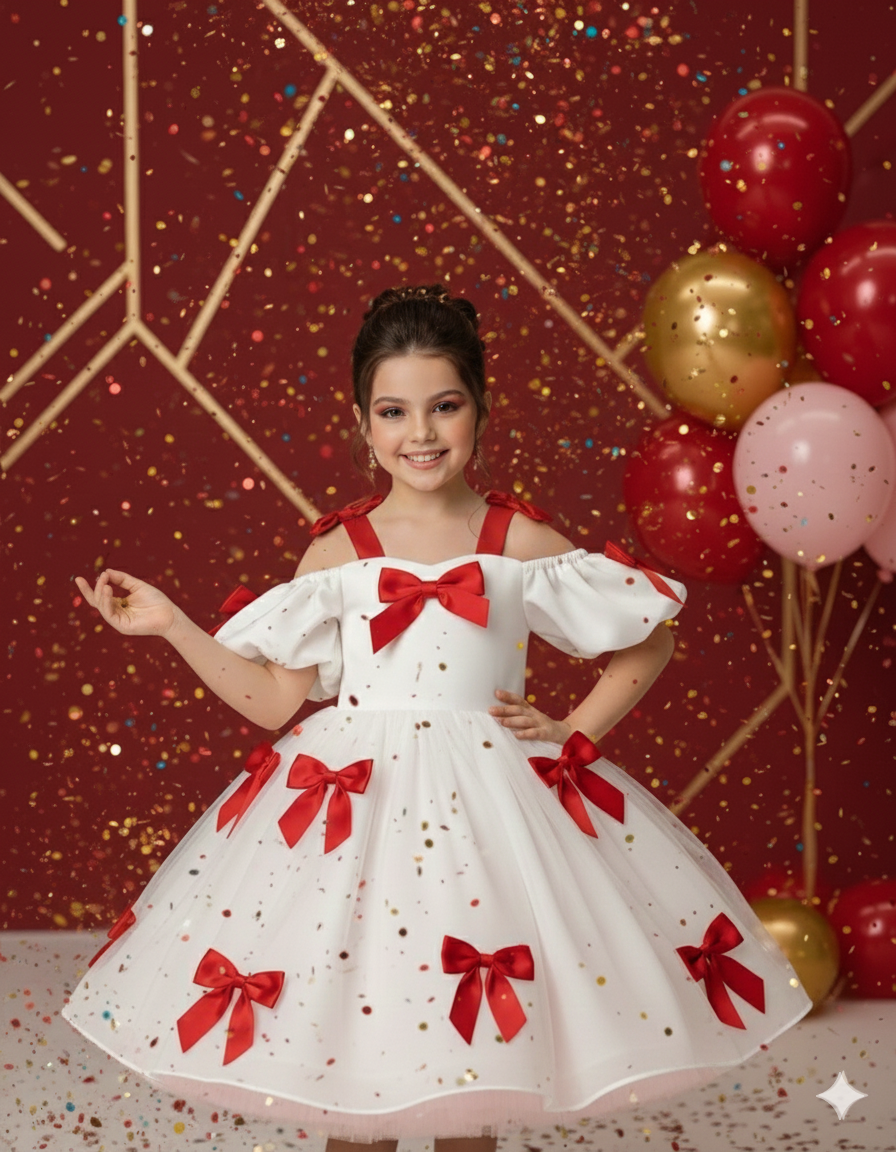 Berta Elegant White Gown for Girls – Premium Taffeta with Vibrant Red Bow Accents