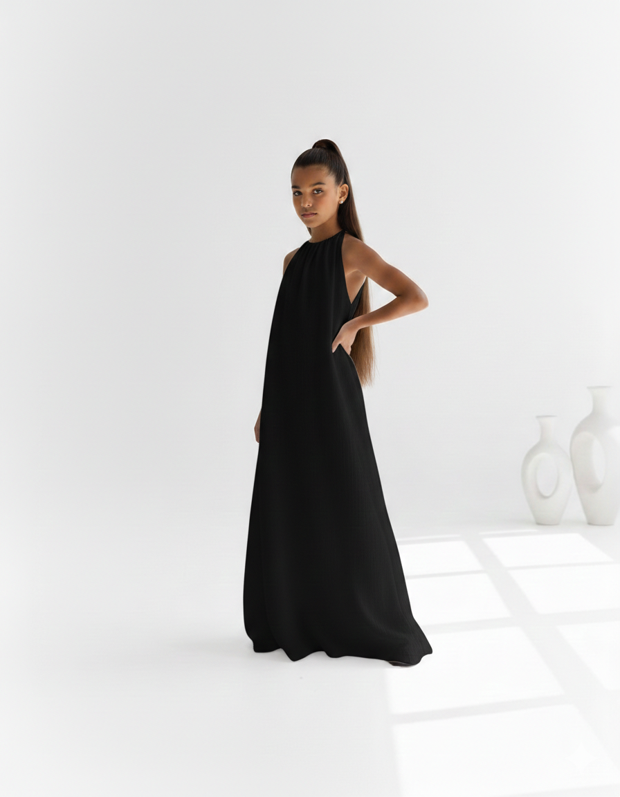 Destiny Elegant Long Black Muslin Dress for Girls