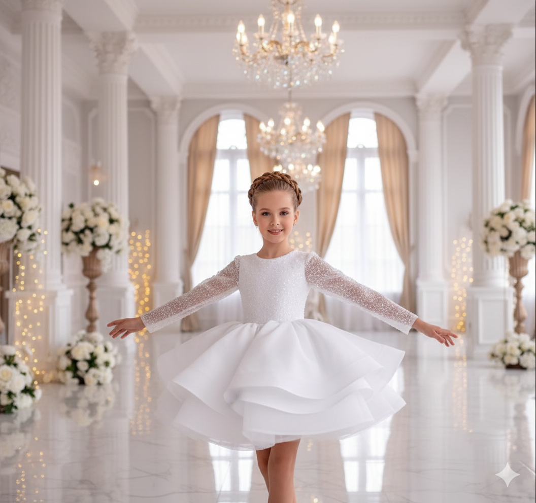 Esther Elegant White Long-Sleeved Gown – Pearl &amp; Sequin Embroidered Lace with Taffeta and Tulle