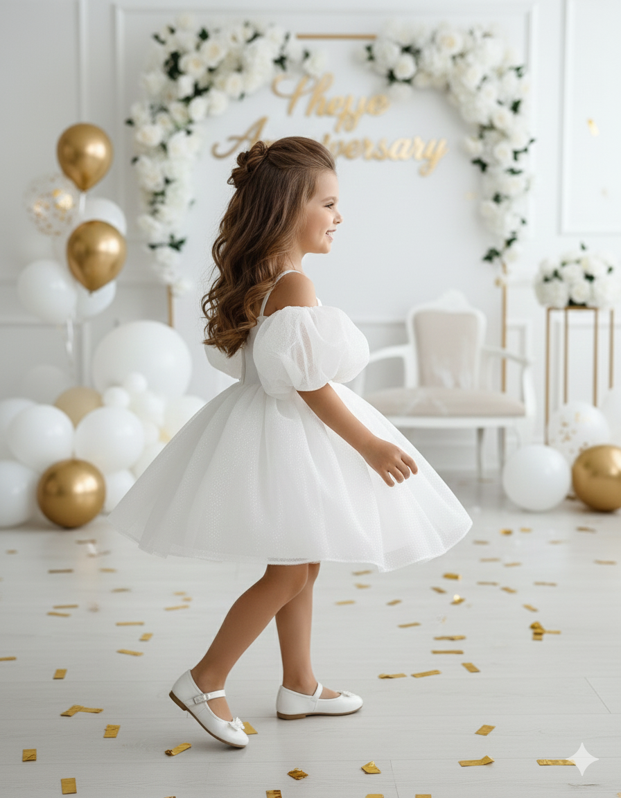 Eloise Elegant White Gown – Shimmering Glitter Tulle with Dramatic Puffy Sleeves