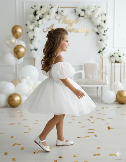 Eloise Elegant White Gown – Shimmering Glitter Tulle with Dramatic Puffy Sleeves