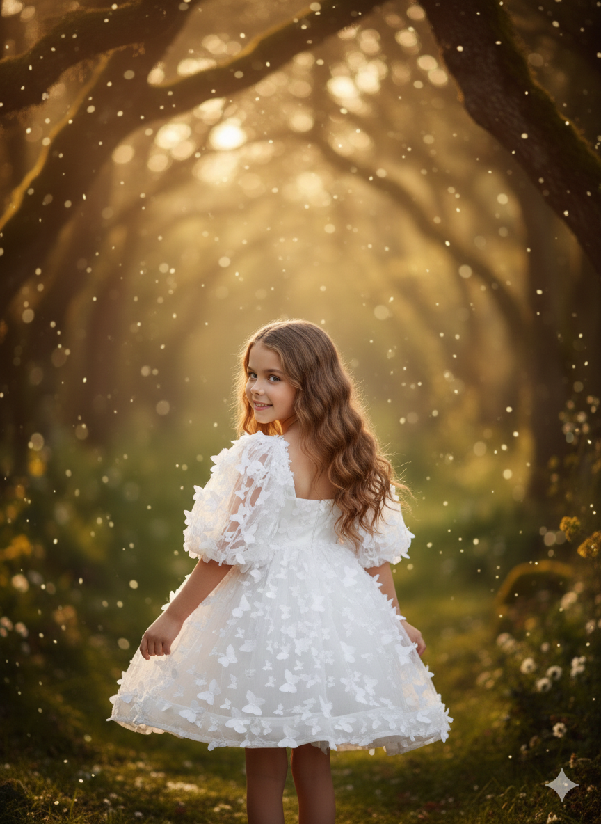 Marta Elegant White Butterfly Dress for Girls – Layered Tulle and Puff Sleeves