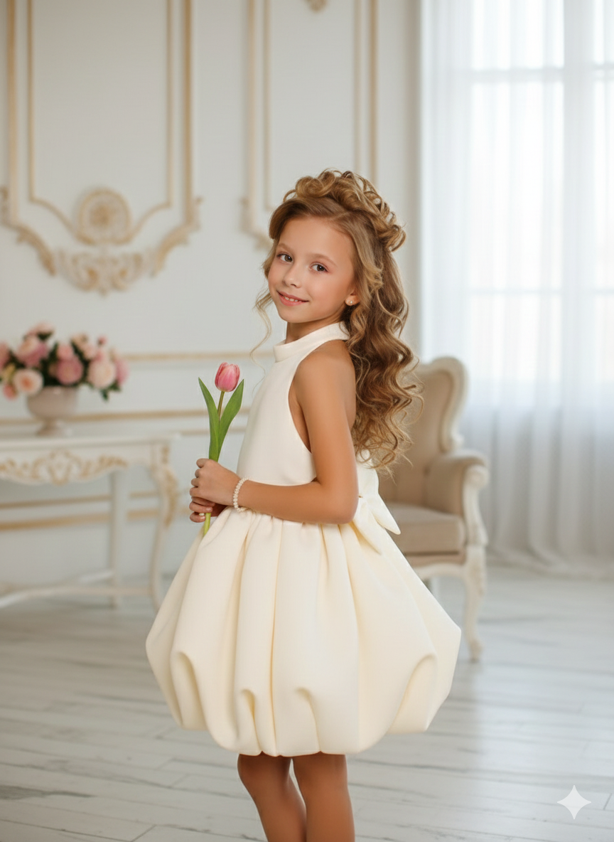 Dahlia Elegant White Structured Dress – Neoprene Fabric with Signature Bow Accents