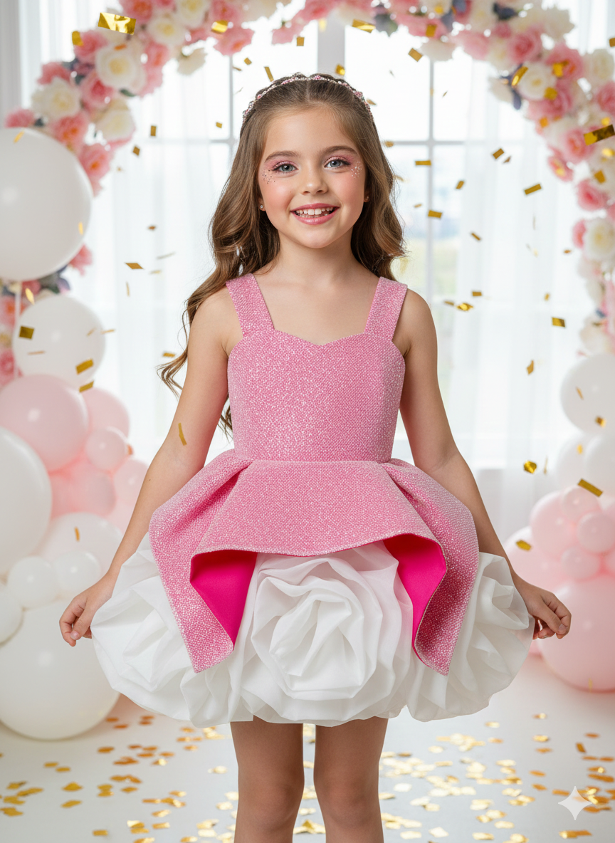 Alia Elegant Pink & White Gown – Shimmering Glitter Tulle with Artisan Handmade Organza Flowers