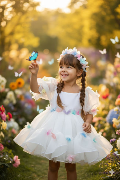 Kelly Elegant White Organza Gown – Accented with Vibrant 3D Butterfly Appliqués