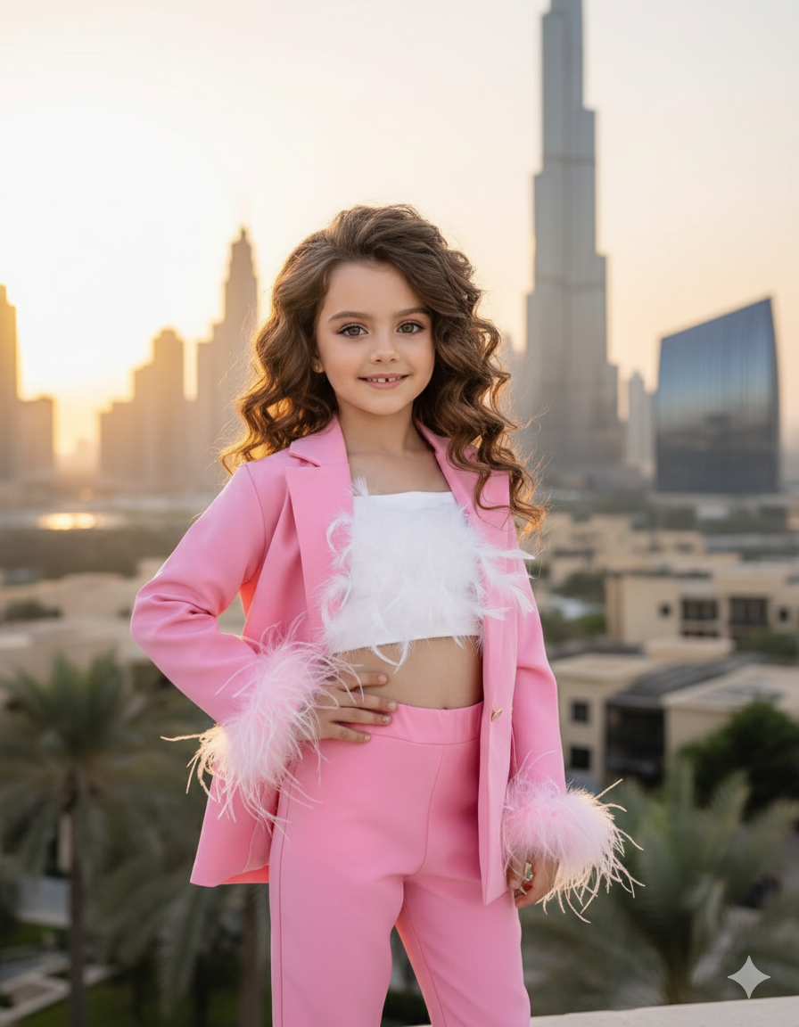 Belinda Elegant Pink Suit for Girls – Blazer & Trousers with Natural Fur and Feather Accents