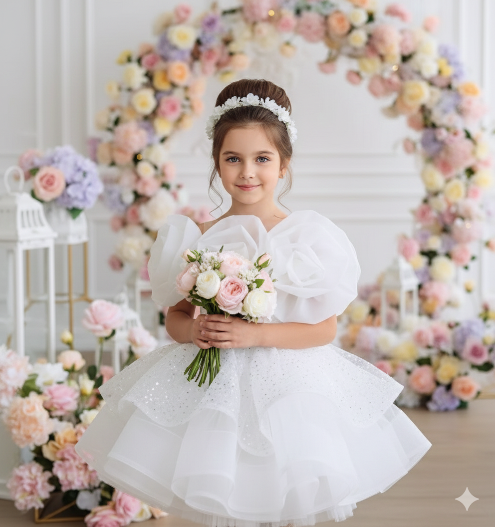 Dakota Elegant White Gown – Intricate Pearl &amp; Sequin Embroidery with Handcrafted Floral Accents