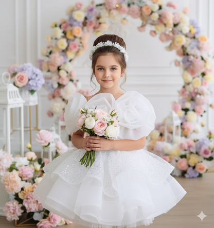 Dakota Elegant White Gown – Intricate Pearl &amp; Sequin Embroidery with Handcrafted Floral Accents