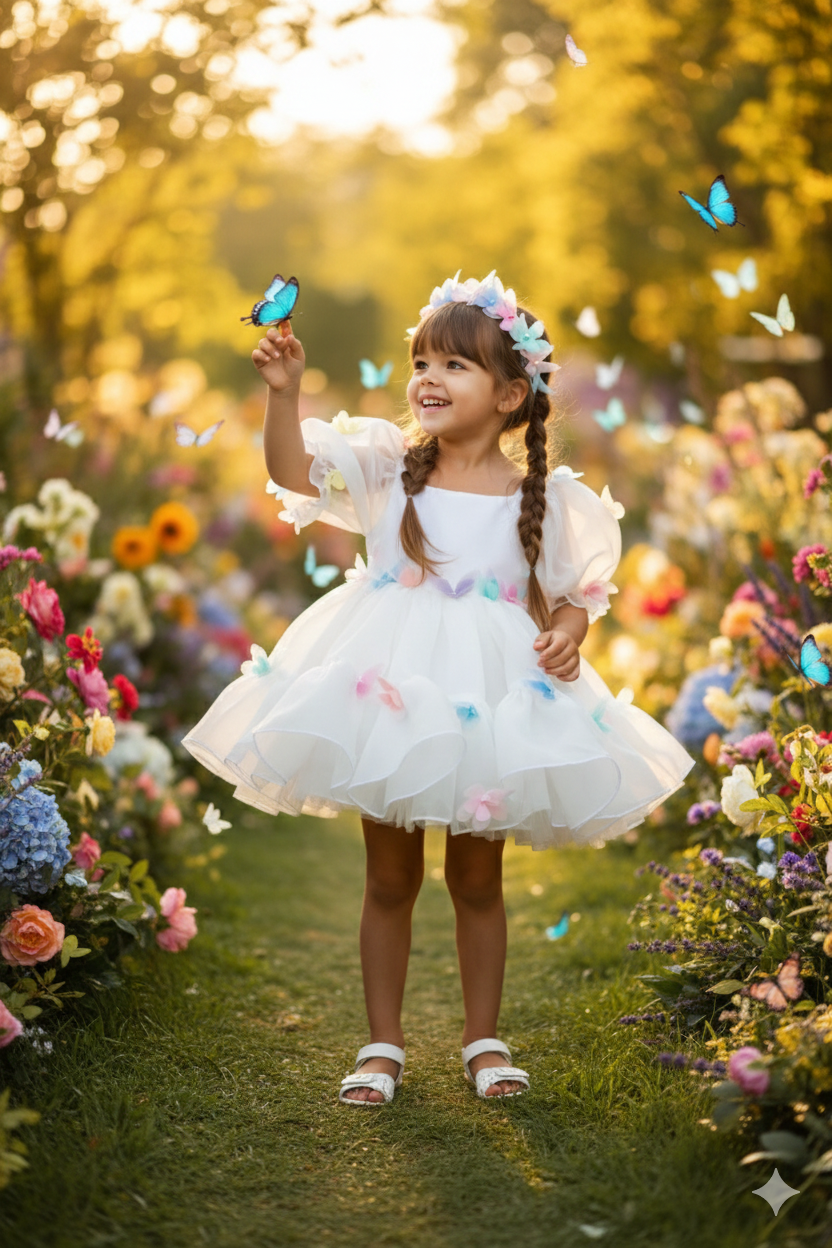 Kelly Elegant White Organza Gown – Accented with Vibrant 3D Butterfly Appliqués