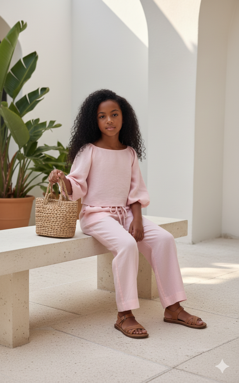 Isla Elegant Light Blue Linen Set for Girls – Flared Trousers and Chic Blouse