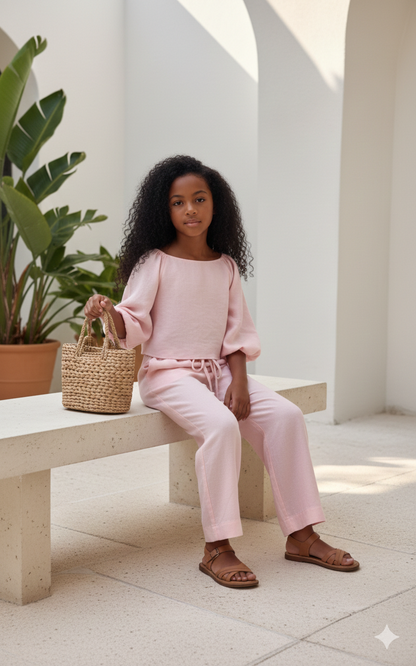Isla Elegant White Linen Set for Girls – Flared Trousers and Chic Blouse