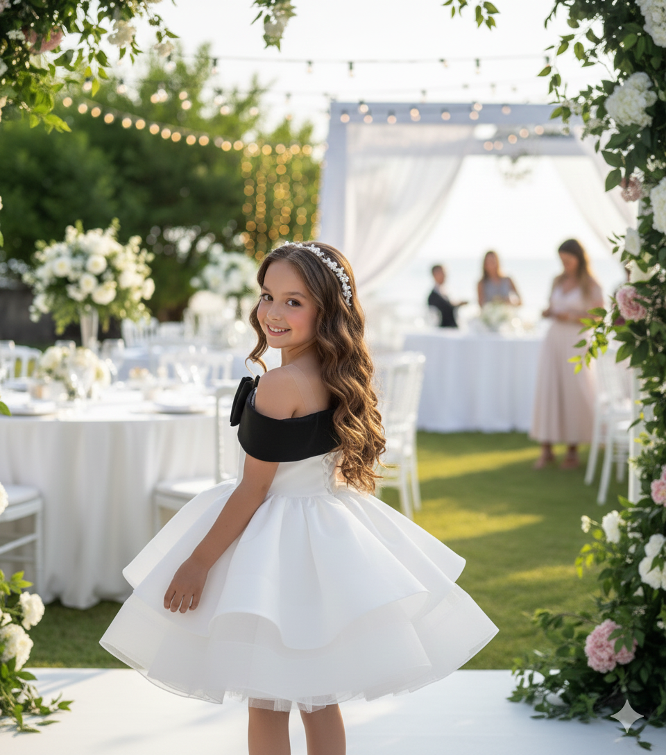 Norah Elegant White Gown – Premium Taffeta &amp; Tulle with Contrast Pink Shoulder Bow