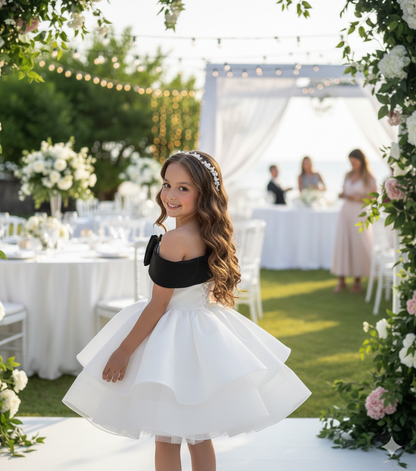 Norah Elegant White Gown – Premium Taffeta &amp; Tulle with Contrast Pink Shoulder Bow