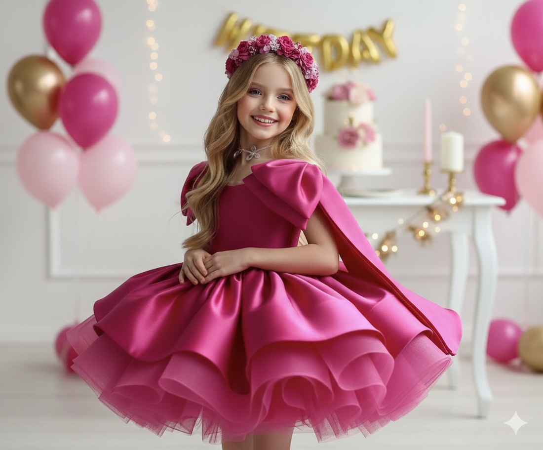 Barbie Elegant Fuchsia Tulle & Taffeta Dress for Girls – Featuring Signature Shoulder Bows