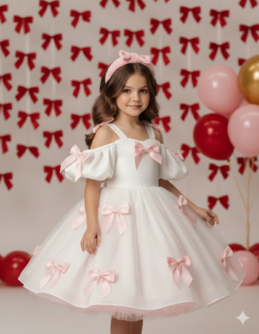 Berta Elegant White Gown for Girls – Premium Taffeta with Soft Sky Blue Bow Accents