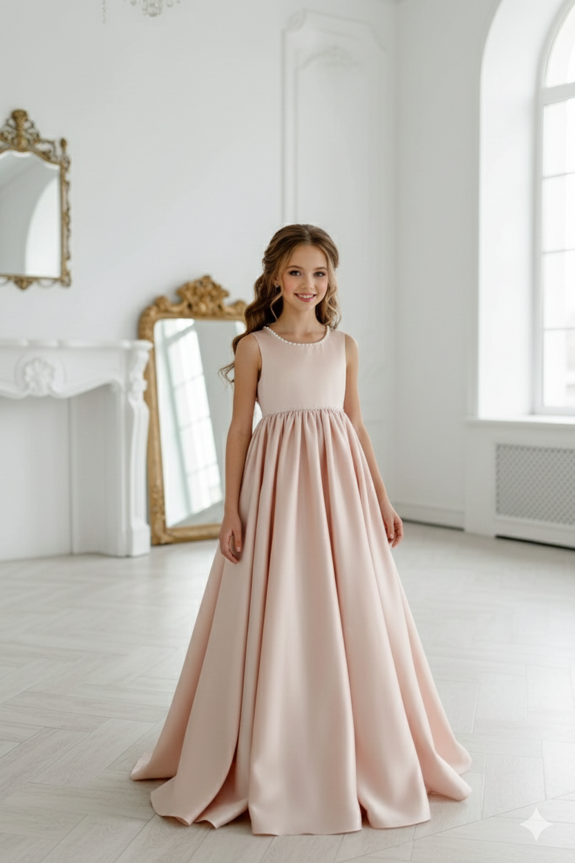 Olivia Elegant Long Taffeta Gown for Girls – Pearl Accents and Statement Bow