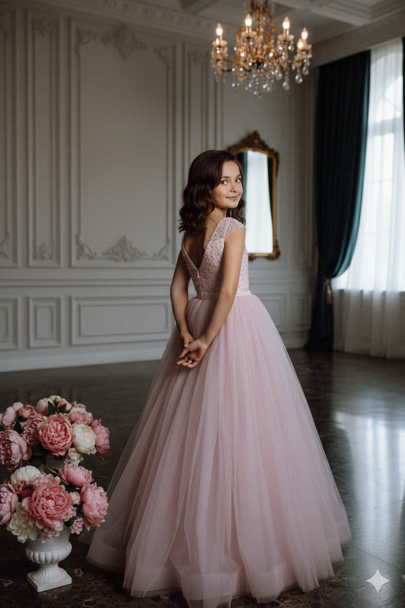 Polina Elegant Pink Maxi Gown – Pearl &amp; Sequin Embroidered Lace with Voluminous Tulle Skirt