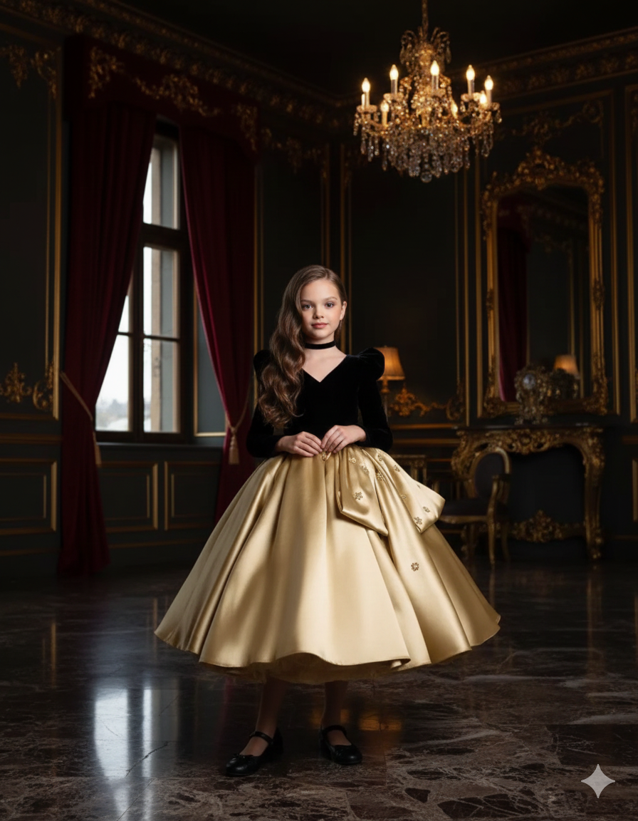 Zendaya Elegant Golden Gown – Black Velvet Bodice and Taffeta Skirt with Statement Bow