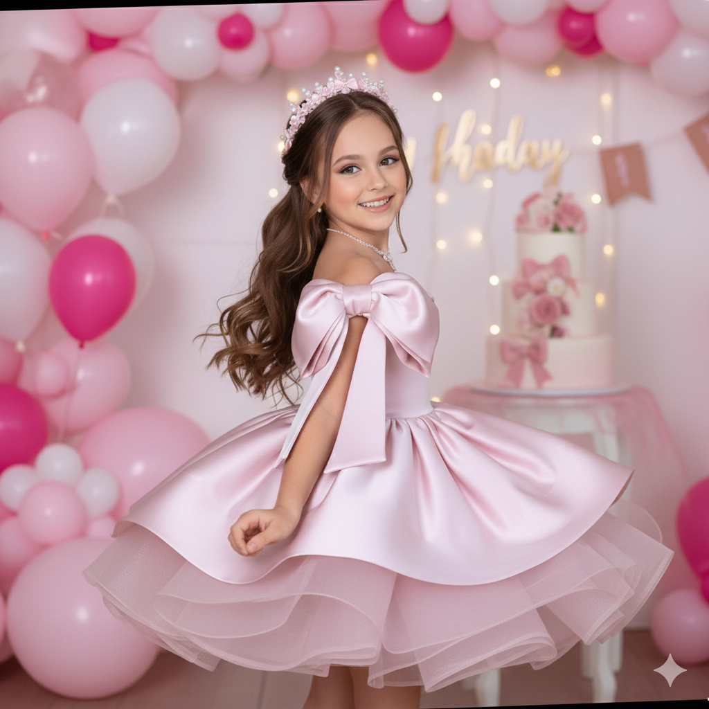 Barbie Elegant Pink Tulle & Taffeta Dress for Girls – Featuring Signature Shoulder Bows