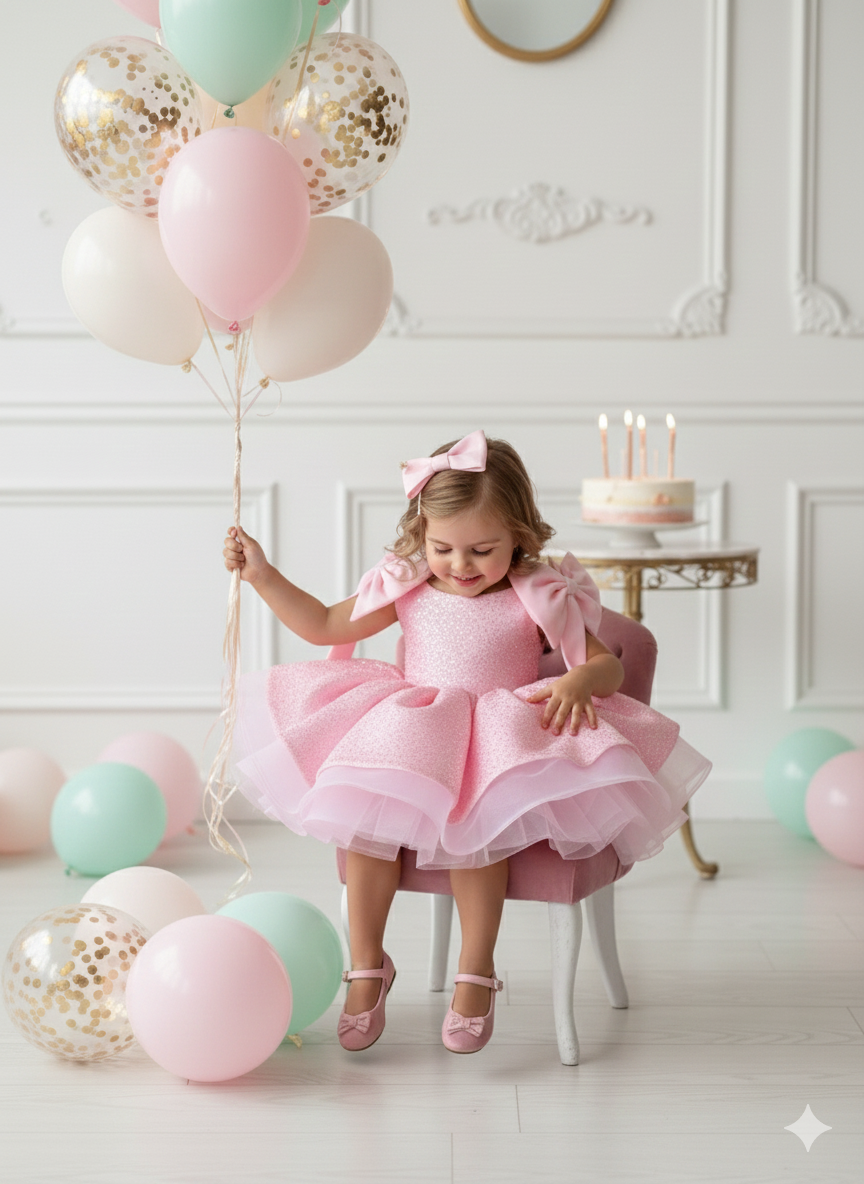 Edith Elegant Pink Lace Gown – Exquisite Pearl & Sequin Embroidery with Signature Bows