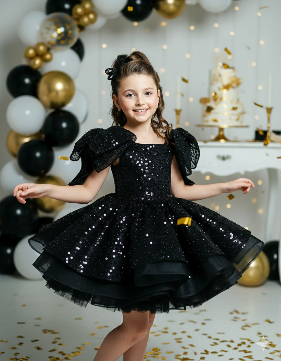 Miriam Elegant Black Lace Dress for Girls – Pearl &amp; Sequin Embroidery with Statement Shoulder Bows