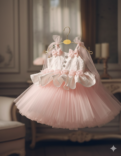 Lilibet Elegant Pink &amp; White Gown – Luxurious White Brocade with Airy Tulle Skirt and Bow Straps