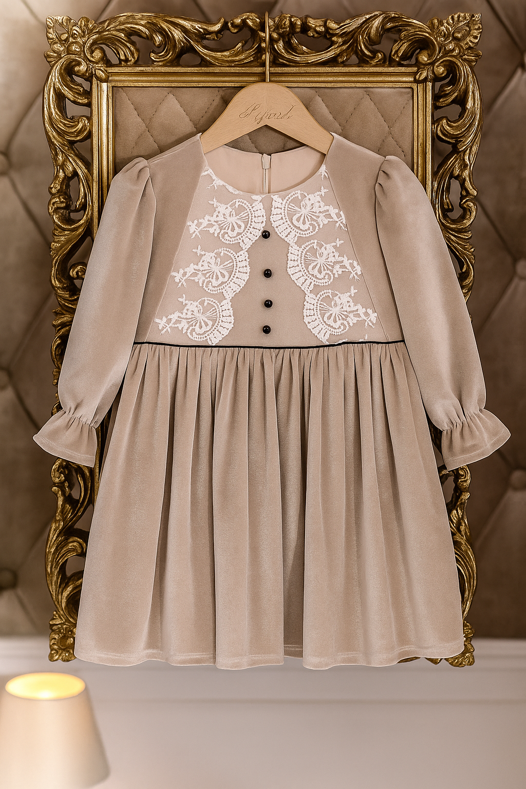 Paris Nude Velvet and White Lace Dress for Girls – Elegant Embroidered Details
