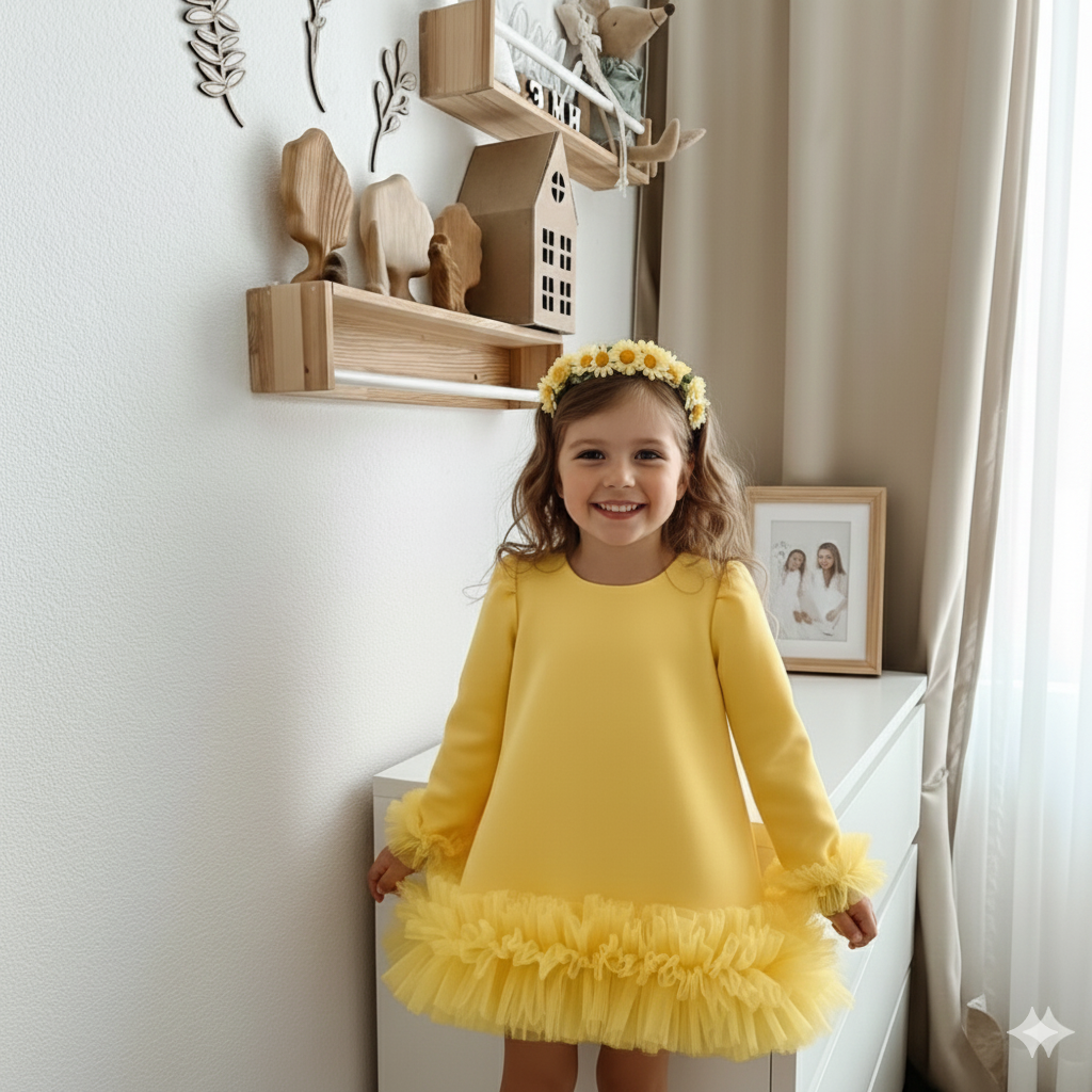 Emima Sunny Yellow Casual Dress for Girls – Accented with Tulle Ruffles