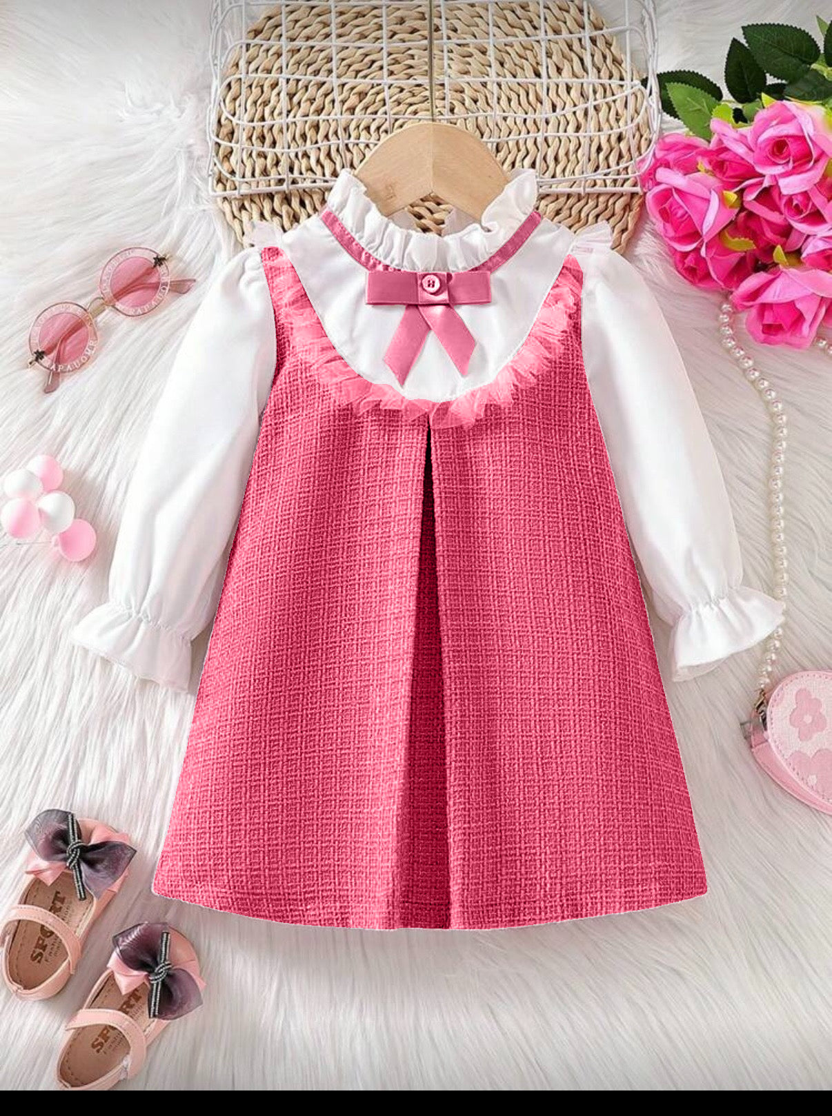 Ellis Vintage-Style Dress for Girls – Pink Tweed and White Poplin Sleeves