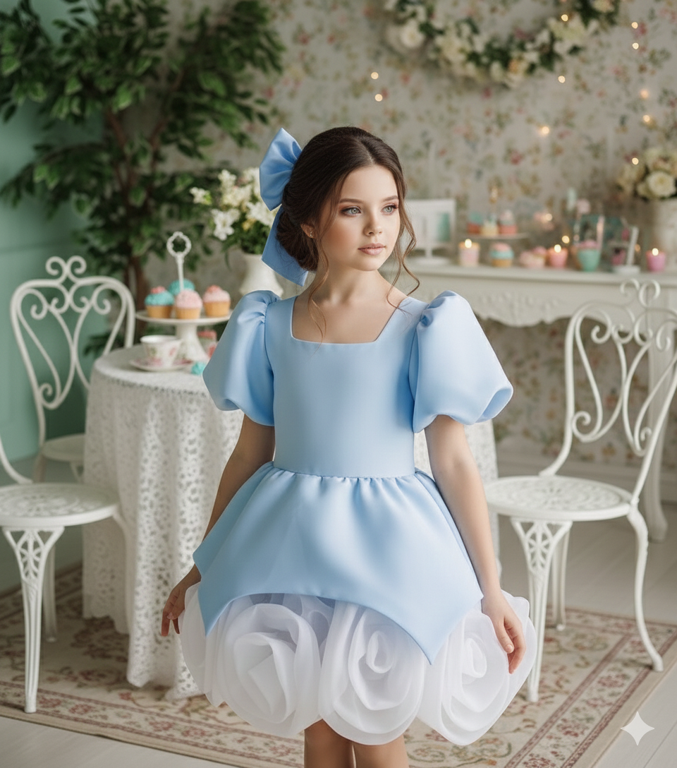 Annabelle Elegant Blue Taffeta Dress for Girls – Accented with Handmade Organza Flowers