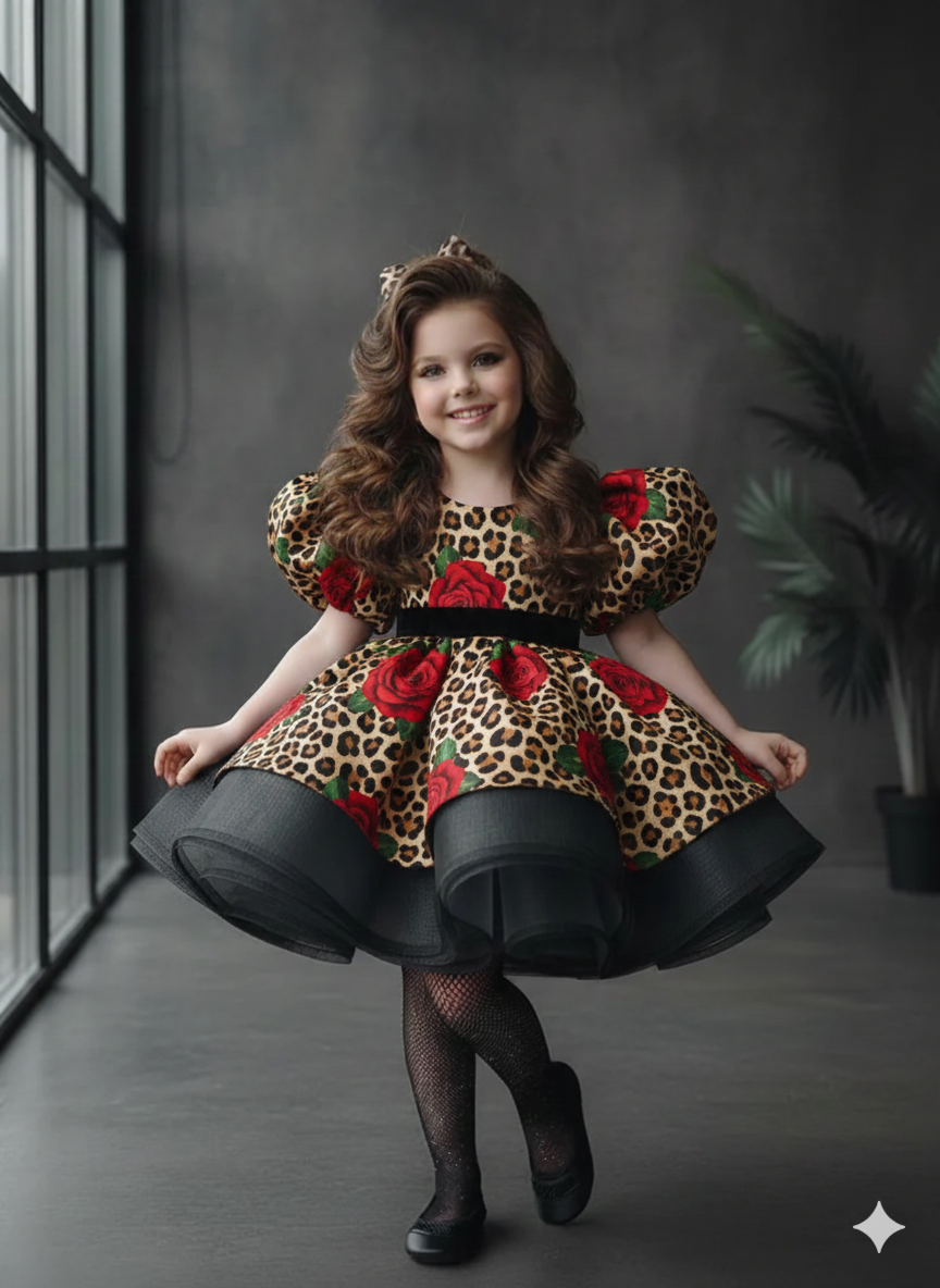 Ruth Elegant Animal Print Gown – Premium Taffeta and Rich Voluminous Tulle Ruffles